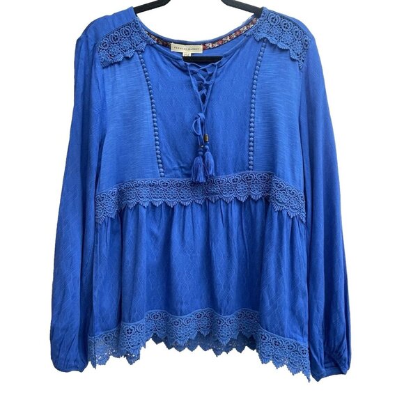 Farmers Market Women's Blouse Petite Medium 100% Rayon Lace V-Neck Boho Blue - Picture 1 of 13